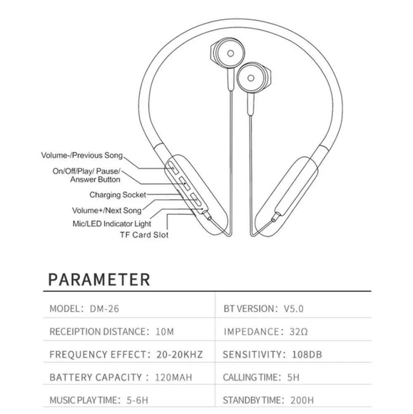 DM-26 WL  Neckband Bluetooth Headset 5.0 with Mic - Picture 5 of 8
